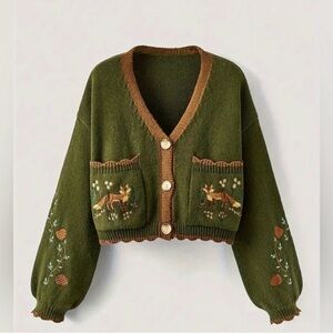 Embroidered Floral & Fox Green Cardigan Sweater 🦊